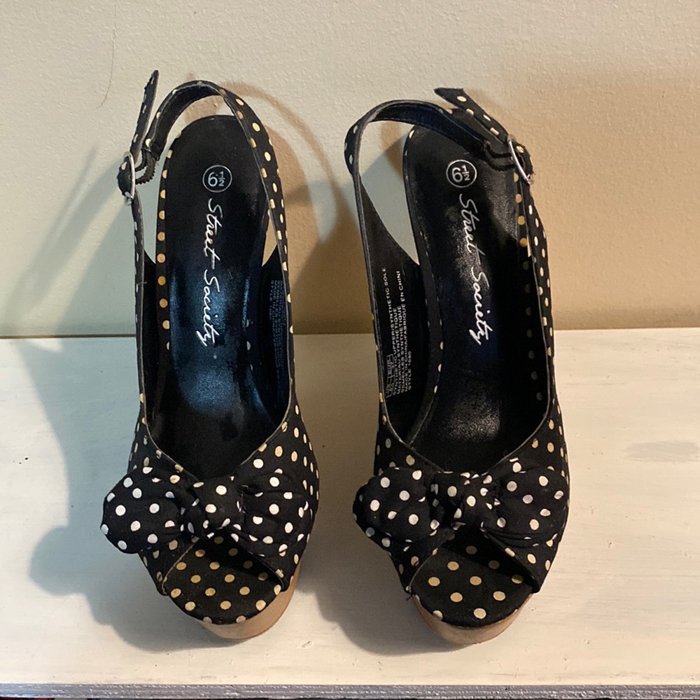 Black and white polka dot peep toe wedge heels